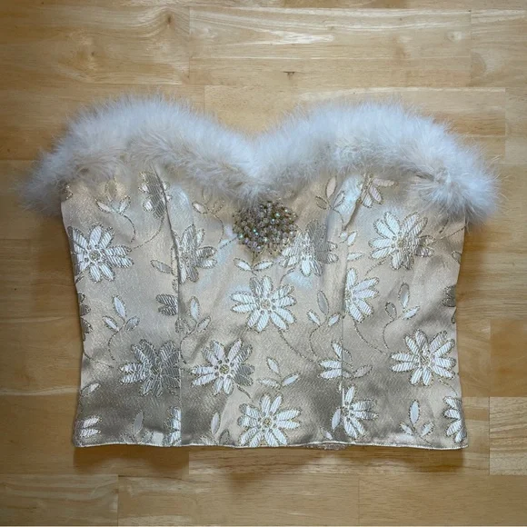 Vintage Rare Victoria’s Secret Gold Label Feather Trim Floral Satin Corset Top - Picture 1 of 15